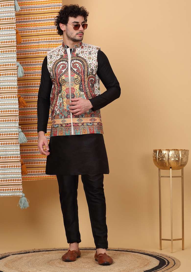 Black And Cream Paisley Print Silk Blend Nehru Jacket Set For Men - Indya