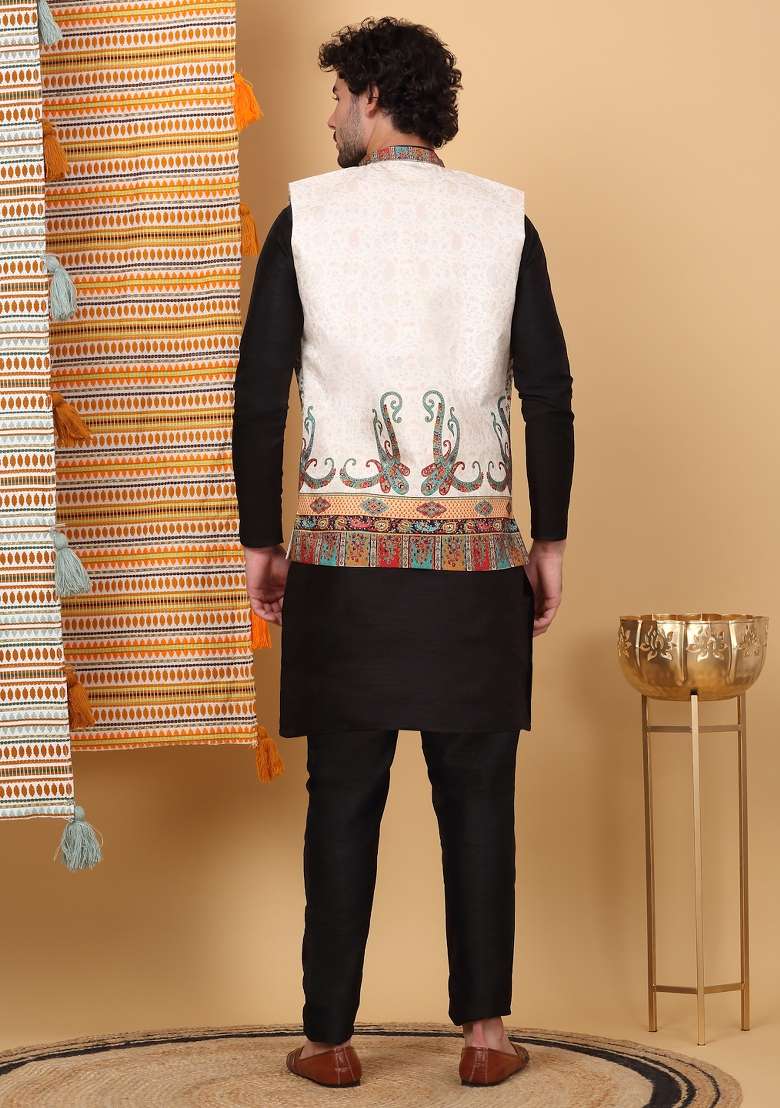 Black And Cream Paisley Print Silk Blend Nehru Jacket Set For Men - Indya