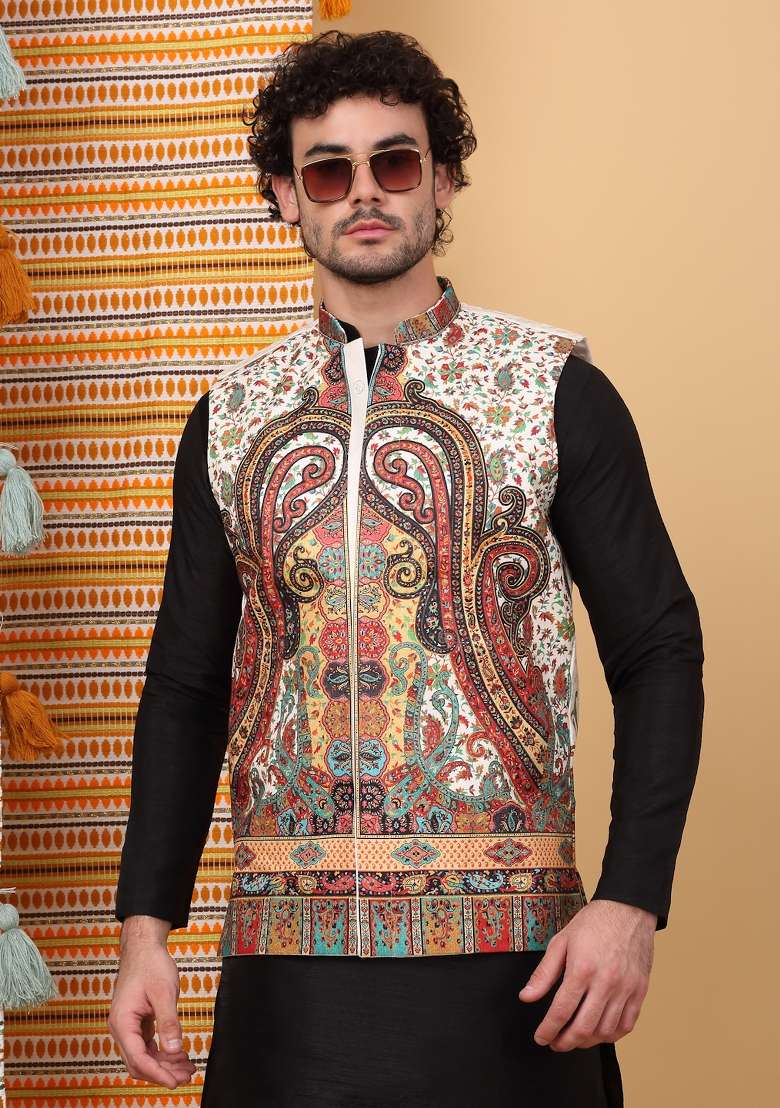Black And Cream Paisley Print Silk Blend Nehru Jacket Set For Men - Indya