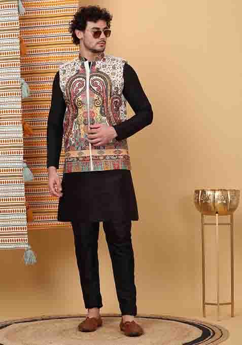 Black And Cream Paisley Print Silk Blend Nehru Jacket Set For Men