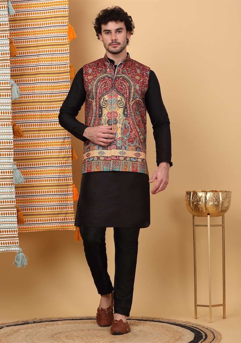 Black And Maroon Paisley Print Silk Blend Nehru Jacket Set For Men - Indya