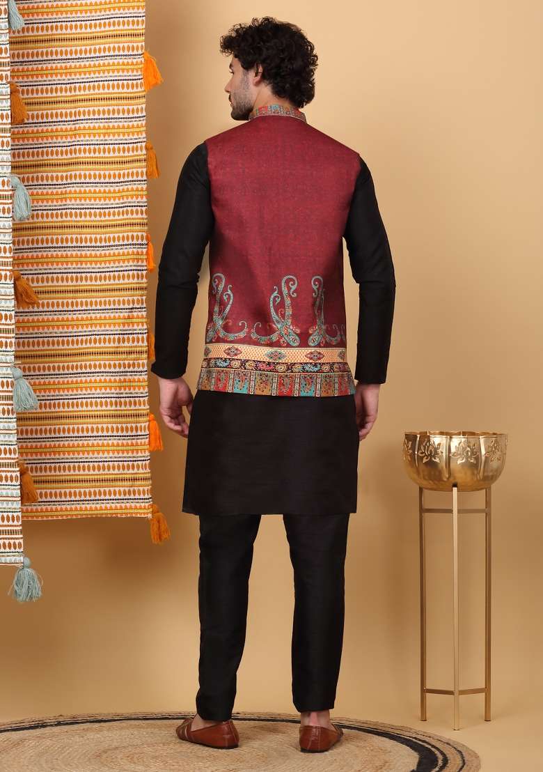 Black And Maroon Paisley Print Silk Blend Nehru Jacket Set For Men - Indya