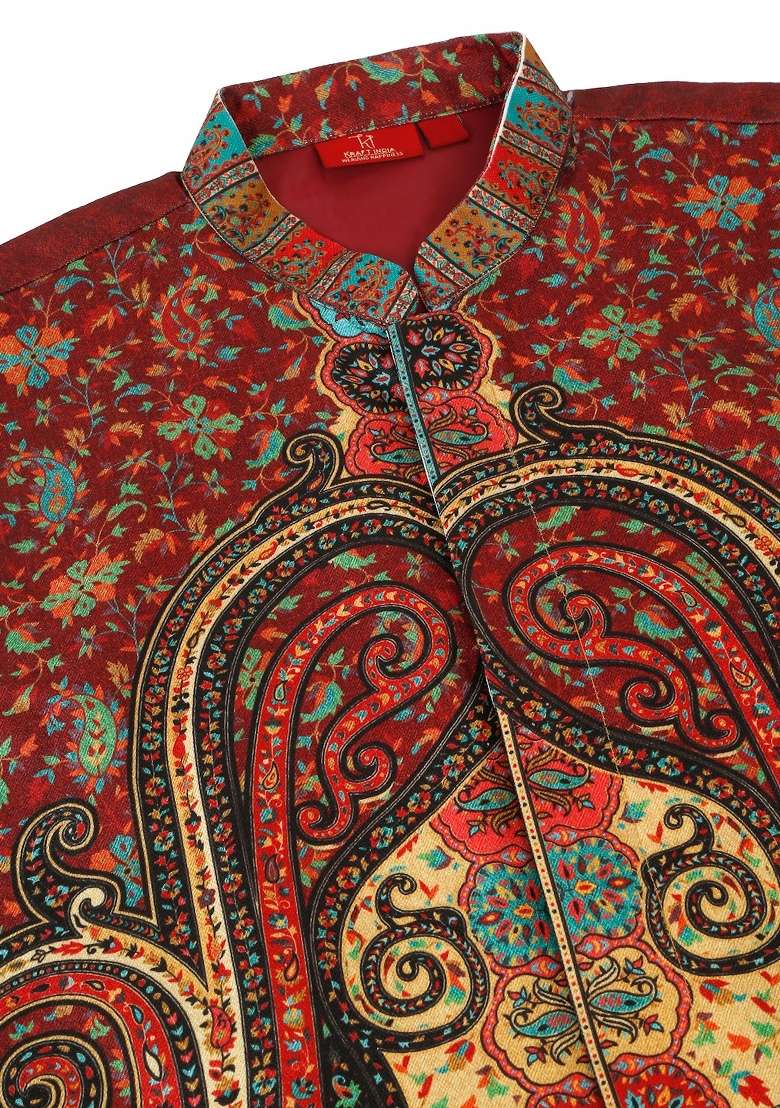 Black And Maroon Paisley Print Silk Blend Nehru Jacket Set For Men - Indya