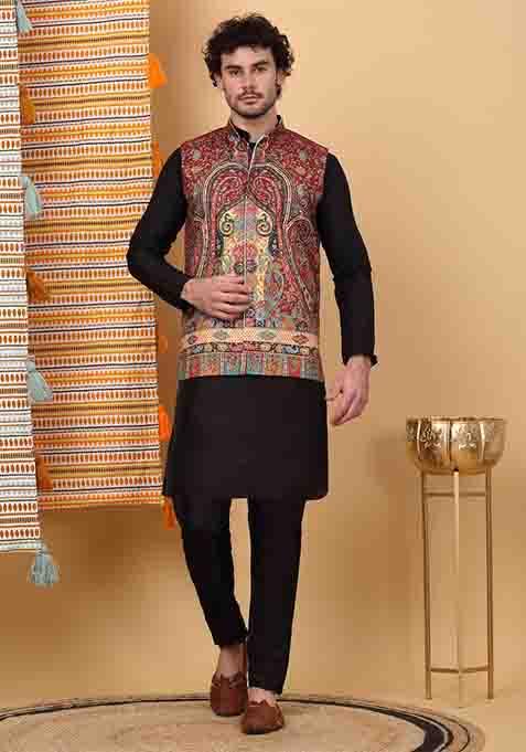 Black And Maroon Paisley Print Silk Blend Nehru Jacket Set For Men