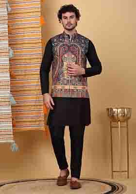 Black And Navy Blue Paisley Print Silk Blend Nehru Jacket Set For Men