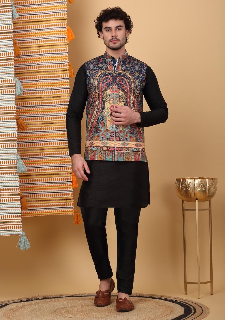 Black And Navy Blue Paisley Print Silk Blend Nehru Jacket Set For Men