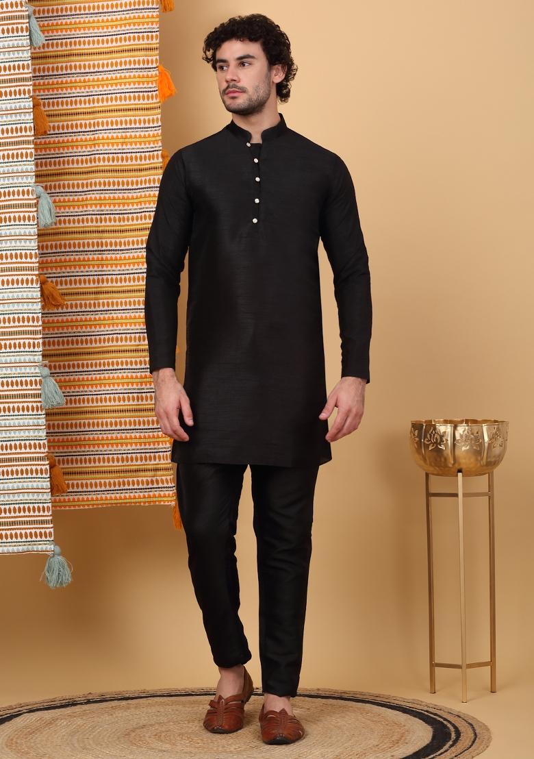 Black And Navy Blue Paisley Print Silk Blend Nehru Jacket Set For Men - Indya