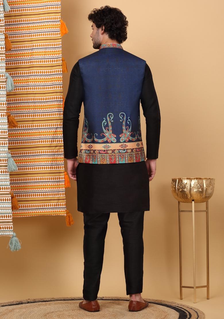 Black And Navy Blue Paisley Print Silk Blend Nehru Jacket Set For Men