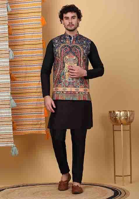 Black And Navy Blue Paisley Print Silk Blend Nehru Jacket Set For Men