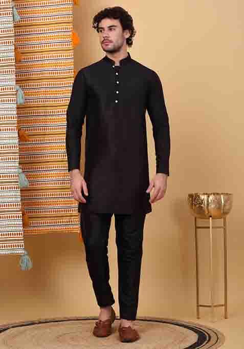 Black And Navy Blue Paisley Print Silk Blend Nehru Jacket Set For Men