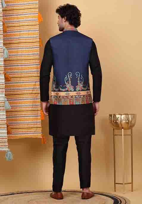 Black And Navy Blue Paisley Print Silk Blend Nehru Jacket Set For Men