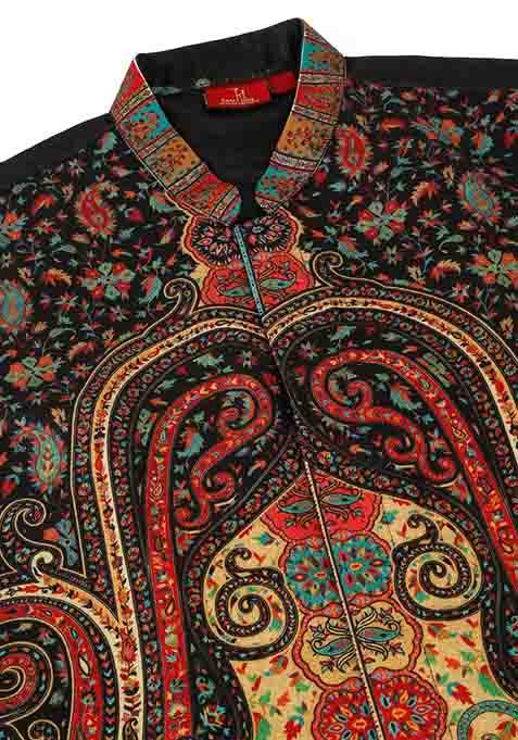 Black And Navy Blue Paisley Print Silk Blend Nehru Jacket Set For Men