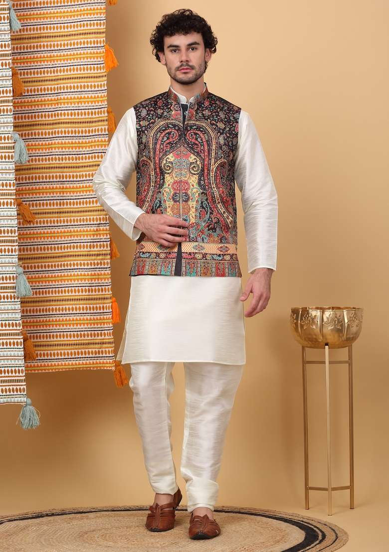 Cream And Black Paisley Print Silk Blend Nehru Jacket Set For Men - Indya