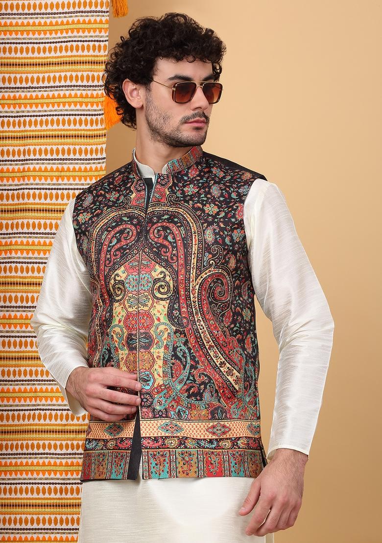 Cream And Black Paisley Print Silk Blend Nehru Jacket Set For Men - Indya