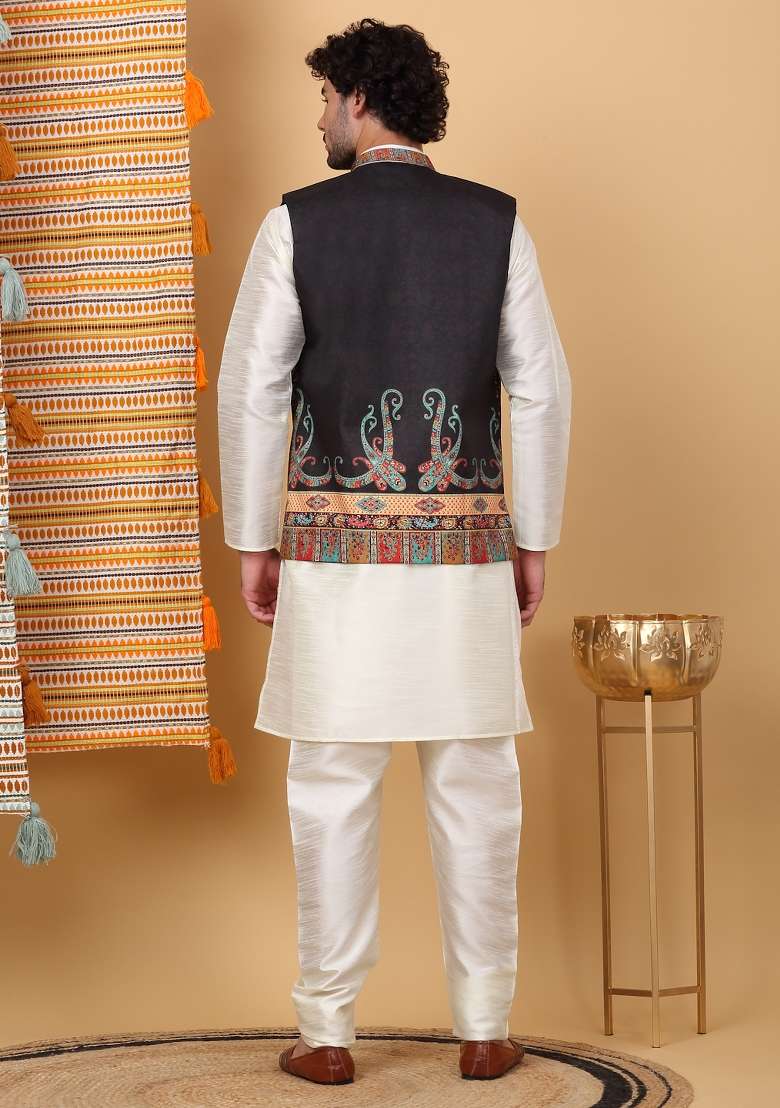 Cream And Black Paisley Print Silk Blend Nehru Jacket Set For Men - Indya