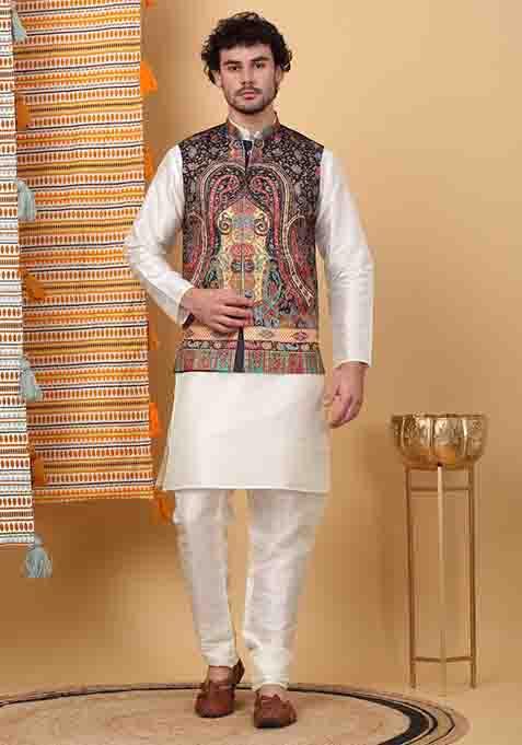 Cream And Black Paisley Print Silk Blend Nehru Jacket Set For Men