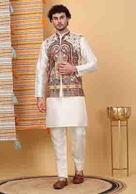 Cream Paisley Print Silk Blend Nehru Jacket Set For Men