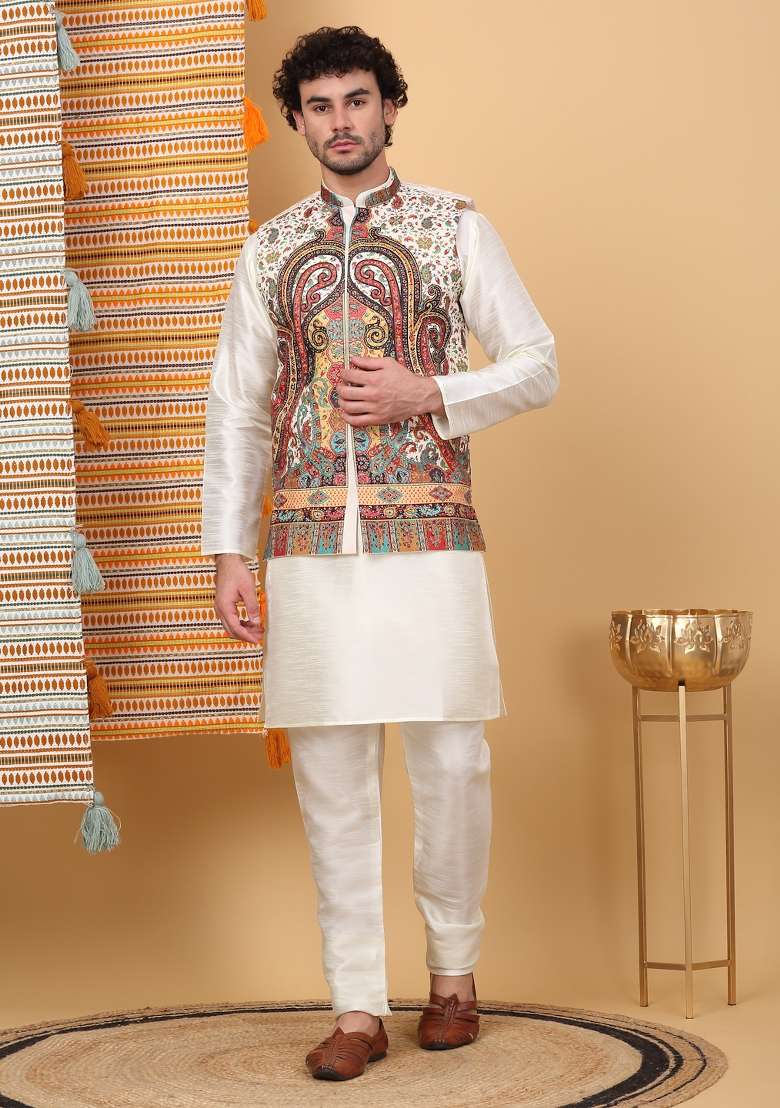 Cream Paisley Print Silk Blend Nehru Jacket Set For Men - Indya