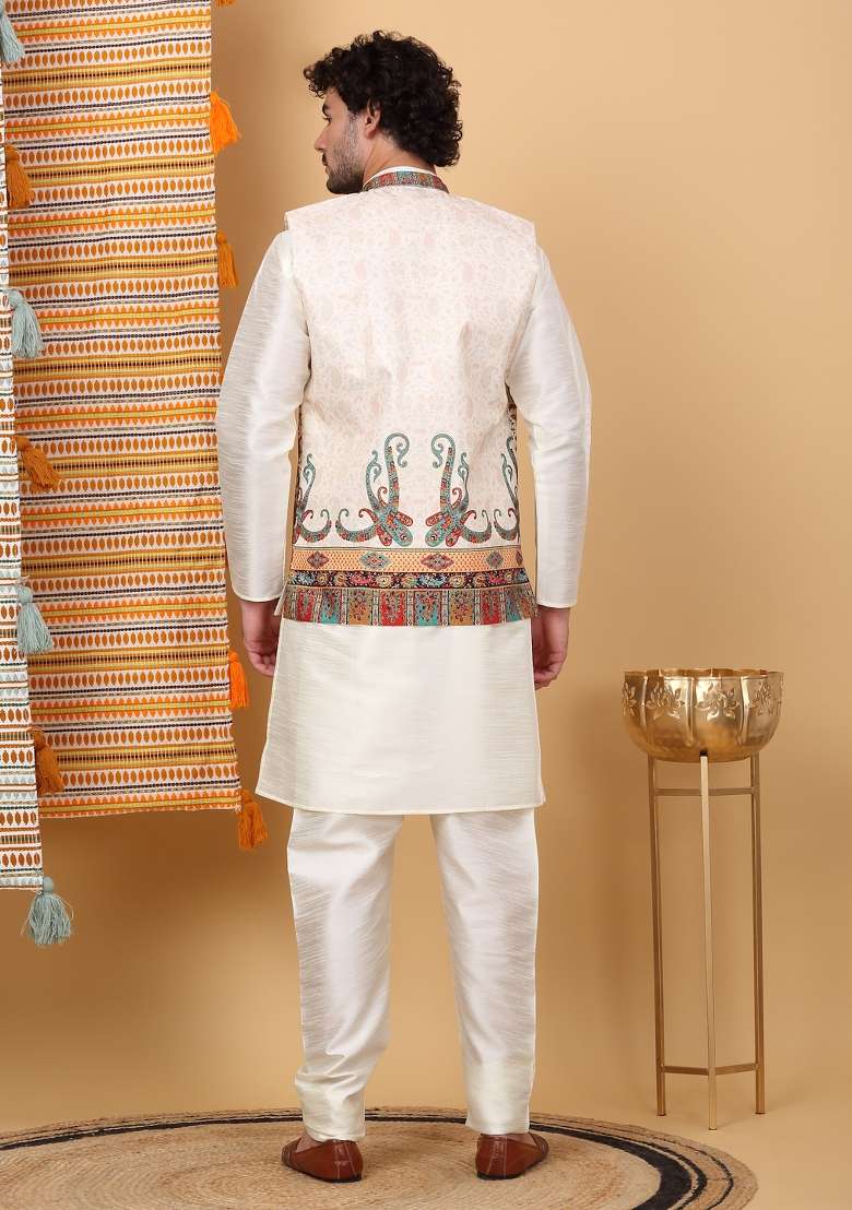 Cream Paisley Print Silk Blend Nehru Jacket Set For Men - Indya