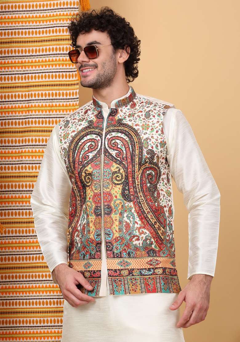 Cream Paisley Print Silk Blend Nehru Jacket Set For Men - Indya