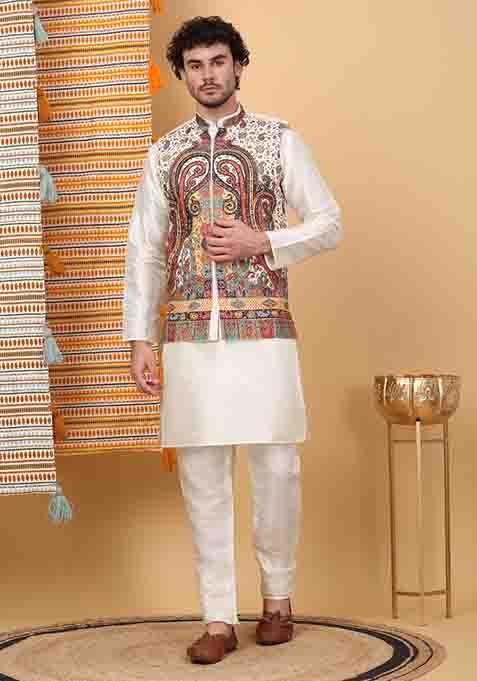 Cream Paisley Print Silk Blend Nehru Jacket Set For Men