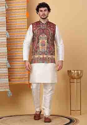 Cream And Maroon Paisley Print Silk Blend Nehru Jacket Set For Men
