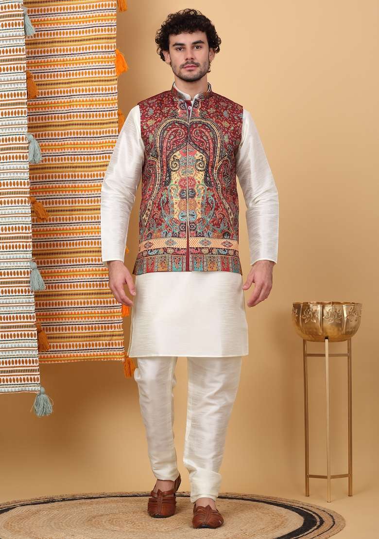 Cream And Maroon Paisley Print Silk Blend Nehru Jacket Set For Men - Indya