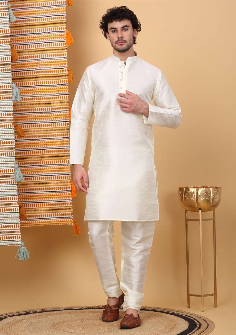 Cream And Maroon Paisley Print Silk Blend Nehru Jacket Set For Men - Indya