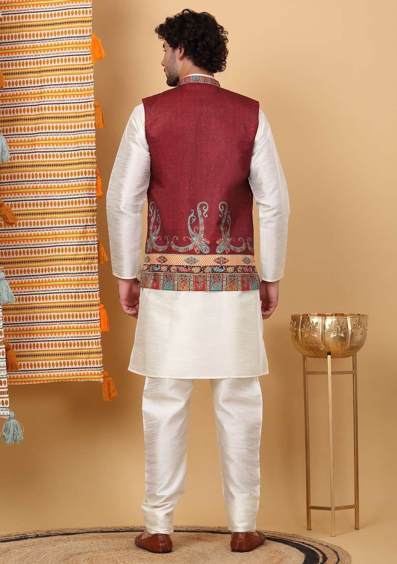 Cream And Maroon Paisley Print Silk Blend Nehru Jacket Set For Men - Indya