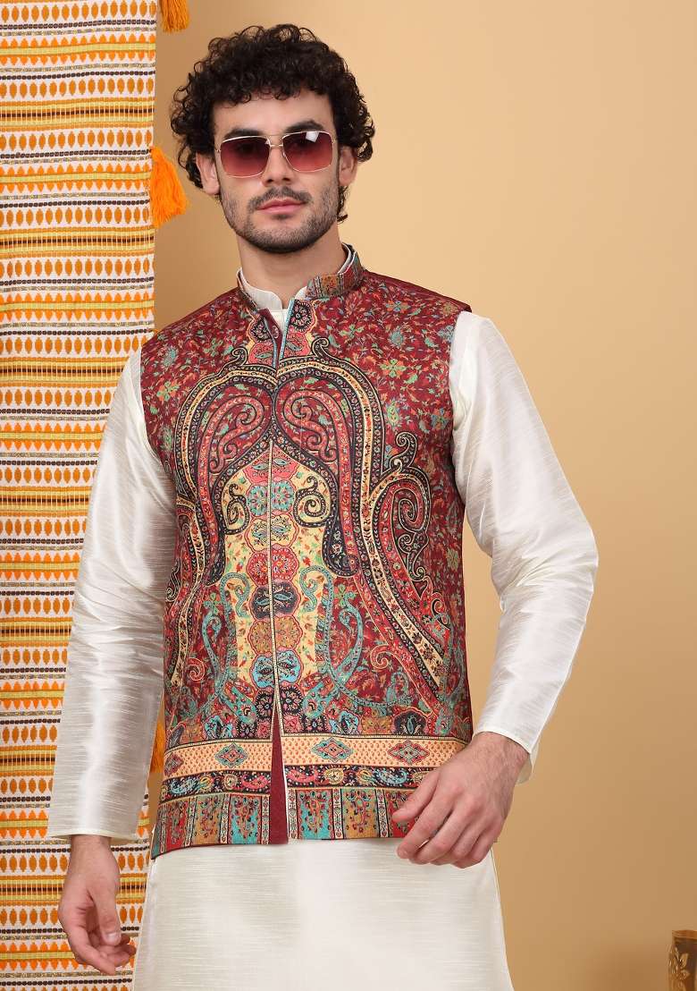 Cream And Maroon Paisley Print Silk Blend Nehru Jacket Set For Men - Indya