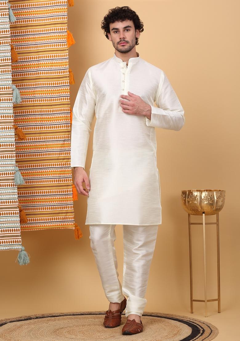 Cream And Navy Blue Paisley Print Silk Blend Nehru Jacket Set For Men