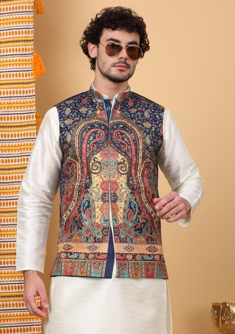 Cream And Navy Blue Paisley Print Silk Blend Nehru Jacket Set For Men