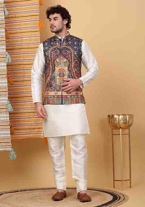 Cream And Navy Blue Paisley Print Silk Blend Nehru Jacket Set For Men