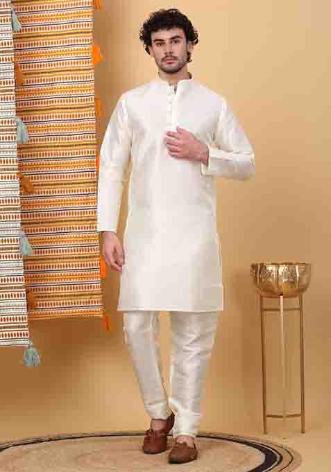 Cream And Navy Blue Paisley Print Silk Blend Nehru Jacket Set For Men