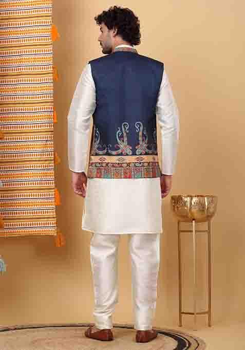 Cream And Navy Blue Paisley Print Silk Blend Nehru Jacket Set For Men
