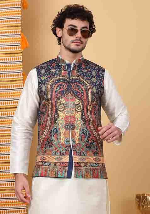 Cream And Navy Blue Paisley Print Silk Blend Nehru Jacket Set For Men