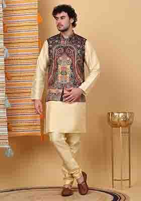 Beige And Black Paisley Print Silk Blend Nehru Jacket Set For Men