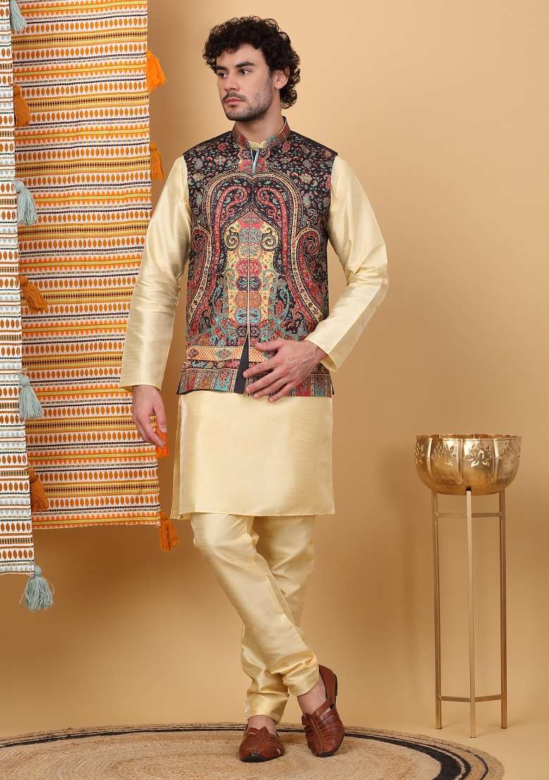Beige And Black Paisley Print Silk Blend Nehru Jacket Set For Men - Indya