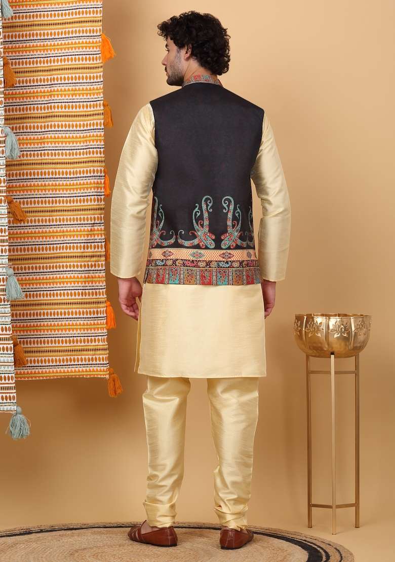 Beige And Black Paisley Print Silk Blend Nehru Jacket Set For Men - Indya