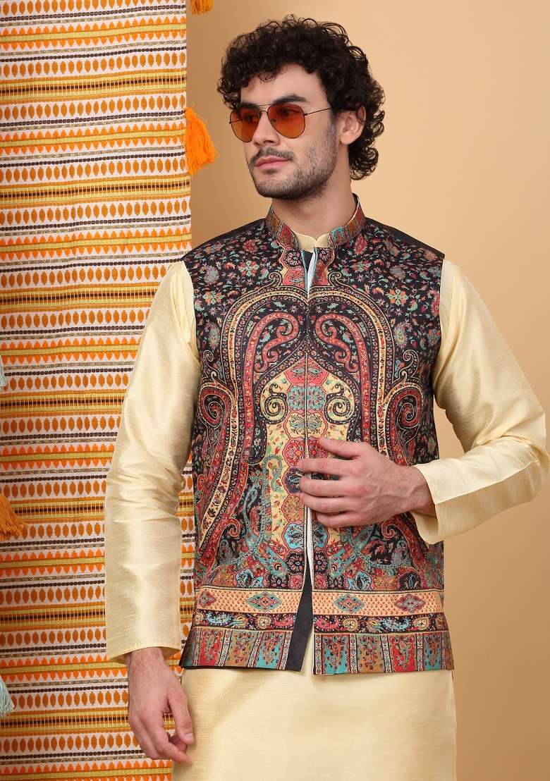 Beige And Black Paisley Print Silk Blend Nehru Jacket Set For Men - Indya