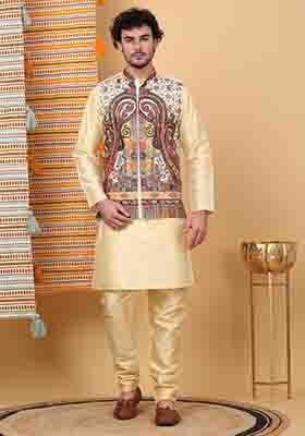Beige And Cream Paisley Print Silk Blend Nehru Jacket Set For Men