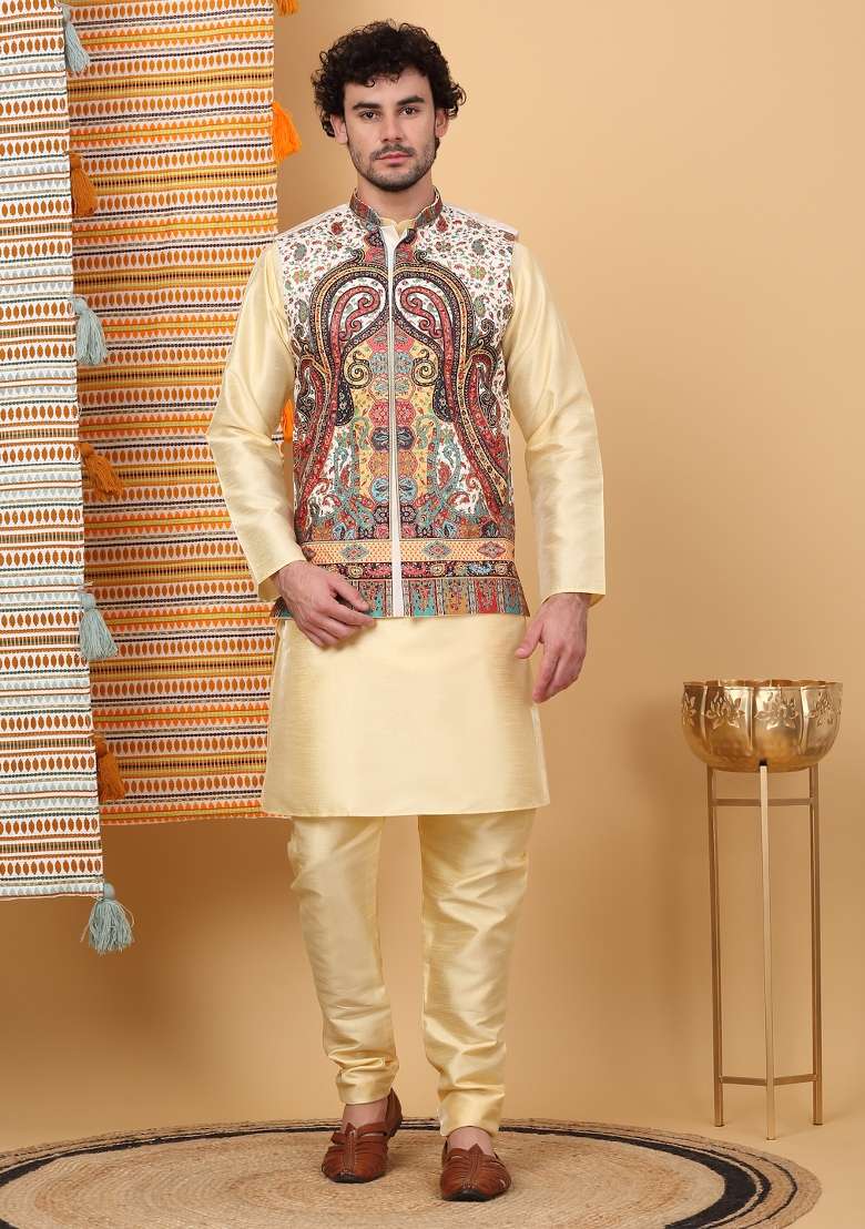 Beige And Cream Paisley Print Silk Blend Nehru Jacket Set For Men - Indya