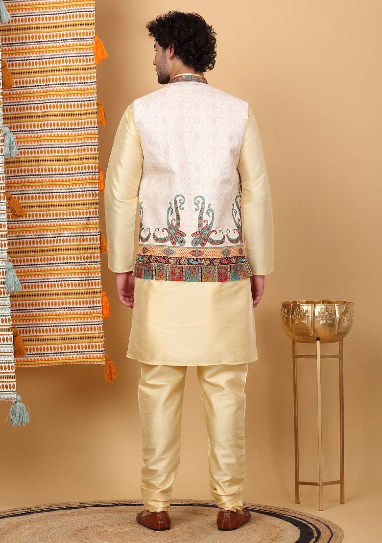 Beige And Cream Paisley Print Silk Blend Nehru Jacket Set For Men - Indya