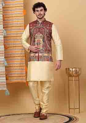 Beige And Maroon Paisley Print Silk Blend Nehru Jacket Set For Men
