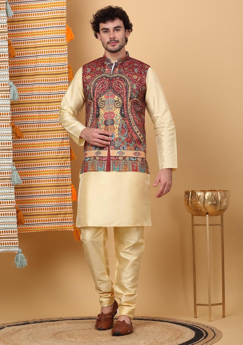 Beige And Maroon Paisley Print Silk Blend Nehru Jacket Set For Men