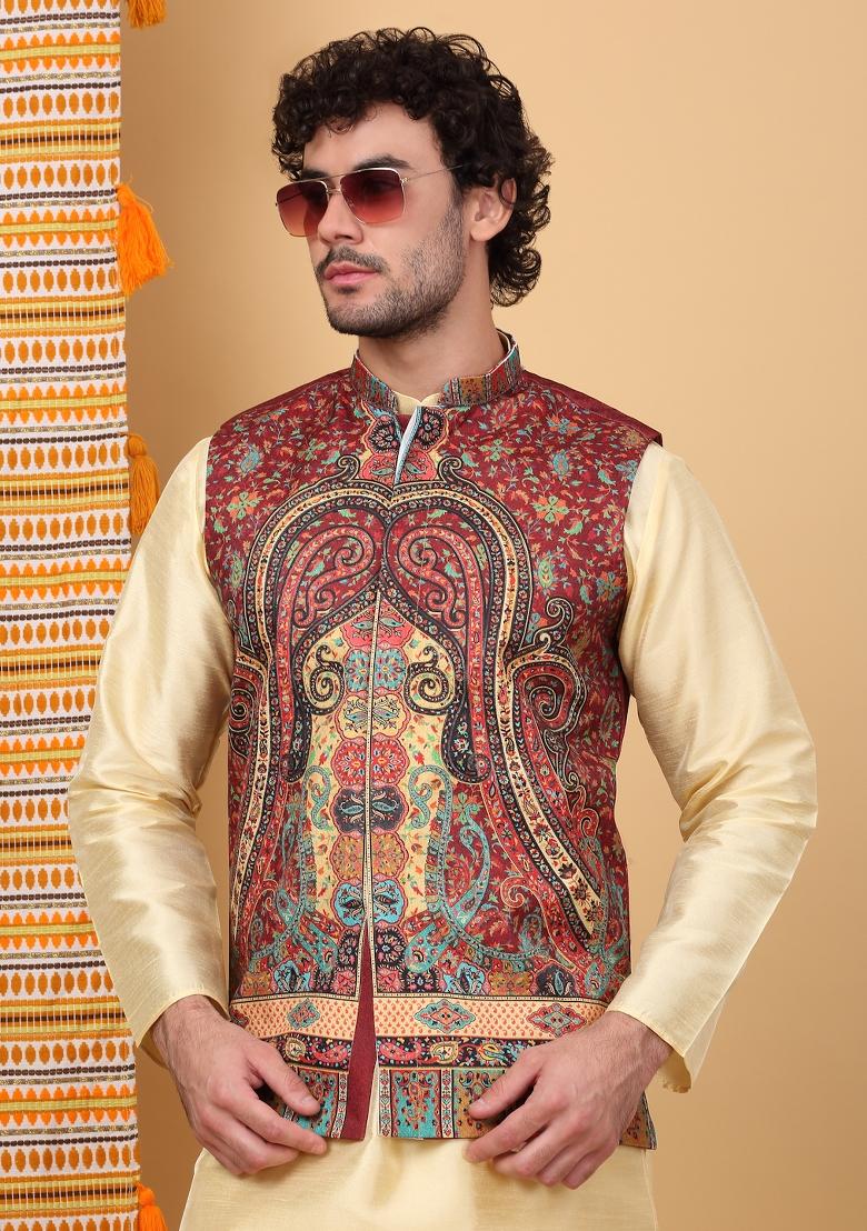 Beige And Maroon Paisley Print Silk Blend Nehru Jacket Set For Men