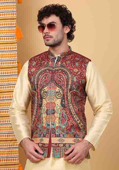 Beige And Maroon Paisley Print Silk Blend Nehru Jacket Set For Men