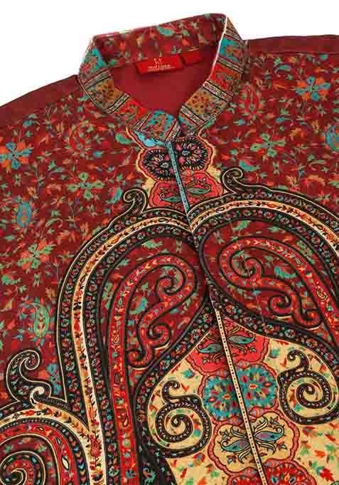 Beige And Maroon Paisley Print Silk Blend Nehru Jacket Set For Men