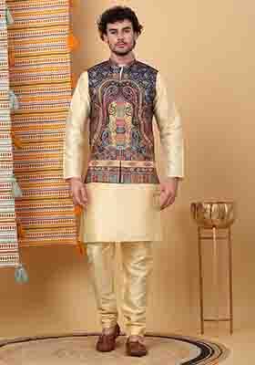 Beige And Navy Blue Paisley Print Silk Blend Nehru Jacket Set For Men