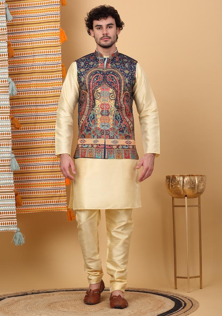 Beige And Navy Blue Paisley Print Silk Blend Nehru Jacket Set For Men